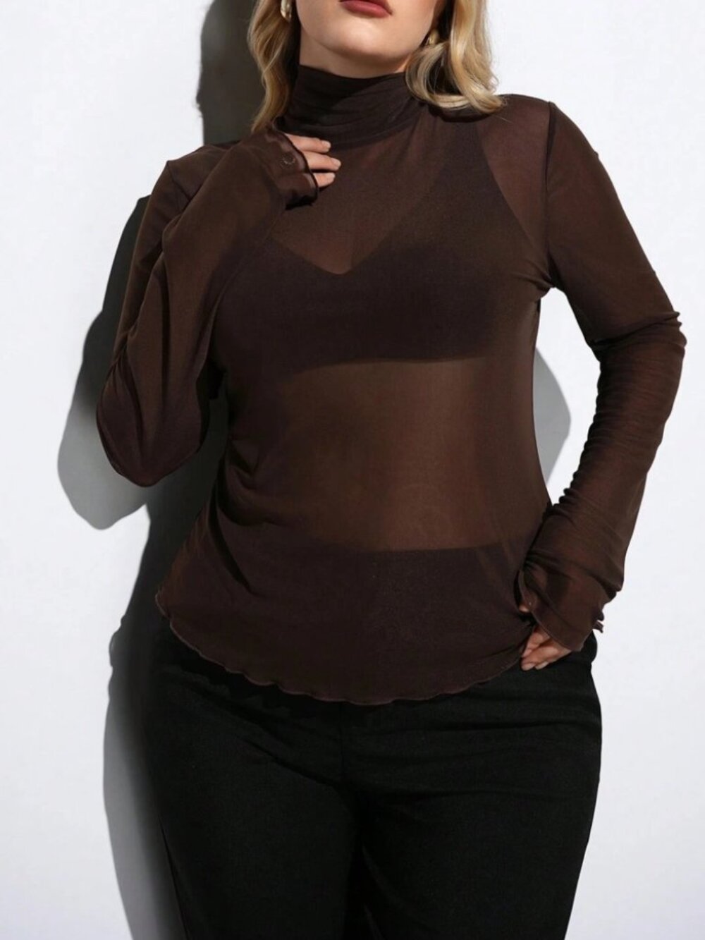 Brown Mesh Sheer Mock Neck Top Slim Fit